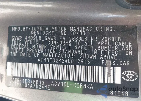2004 Toyota Camry Le z USA, uszkodzony, nr VIN 4T1BE32K24U812615